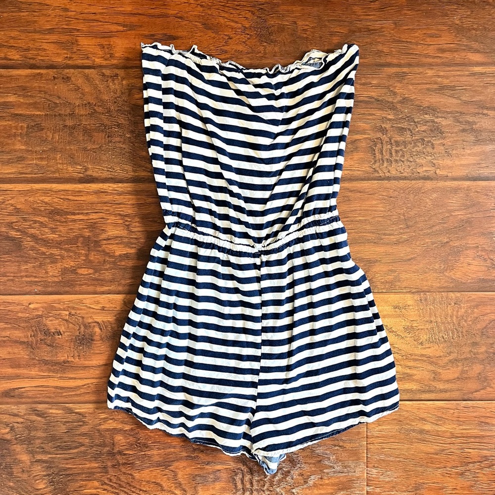 H&M Navy Blue & White Striped Strapless Romper